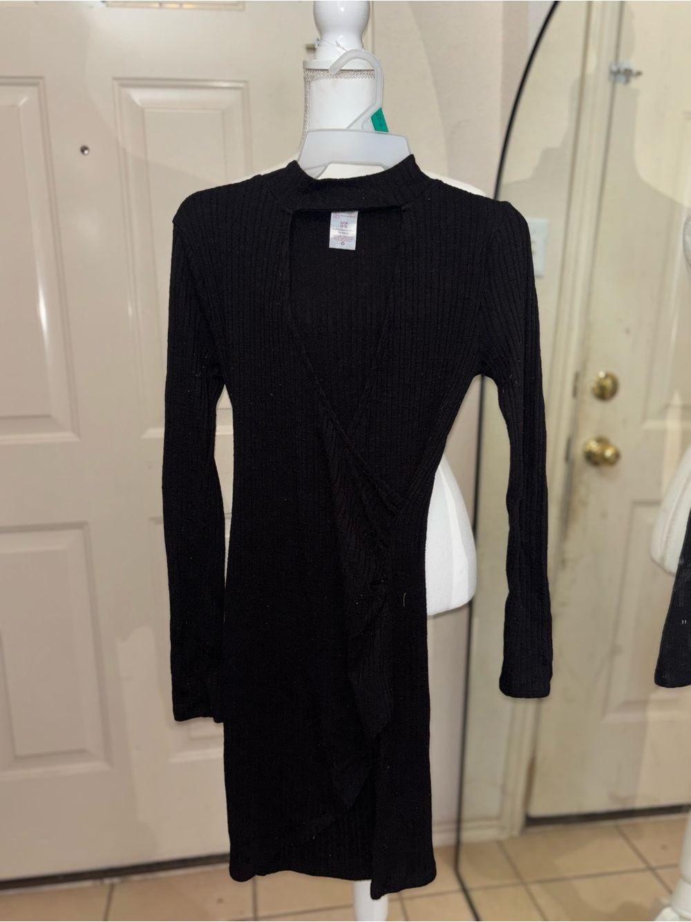 No Boundaries Black Ribbed Wrap-Detail Long Sleeve Dress